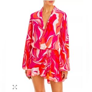 ROCOCO SAND Emily Short Wrap Dress Pink Orange And White Swirl Dress